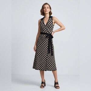 Diane von Furstenberg XXS Sleeveless Wrap Dress Geometric Black Beige